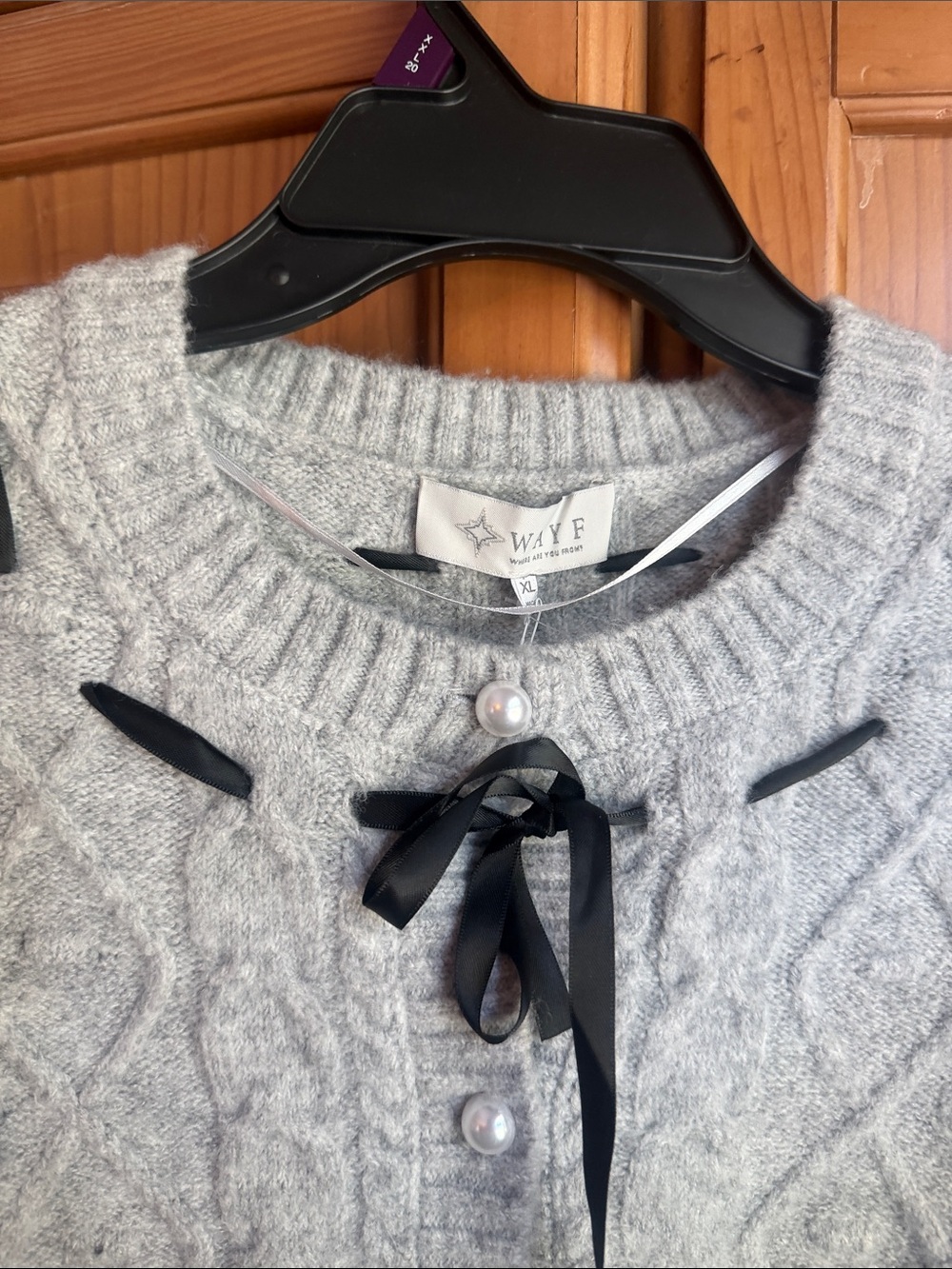 Wayf Light Gray Cable Knit Cardigan with Ribbon Detail and pearl buttons NWT - Picture 4 of 7